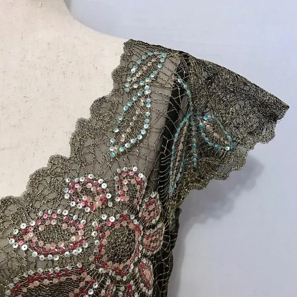 Layering Mesh Embroidered and Sequins Blouse Women M - Picture 3 of 10